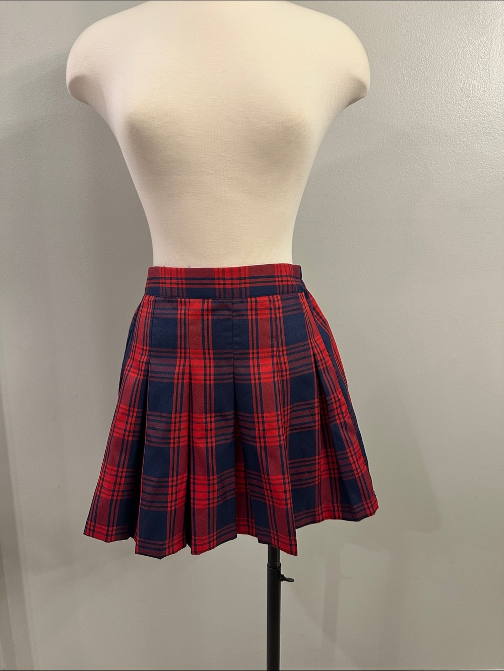 Red and Navy Plaid Pleated Skirt - Women